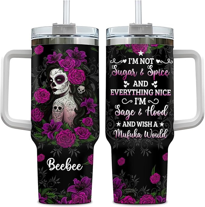 Hyturtle Personalized Gifts For Sugar Skull Lover Tumbler 40oz with Handle and Straw - Stainless Steel Travel Coffee Cup With Lid - Idea Gothic Gifts For Women, Girl On Birthday Christmas - sugar skull coffee cup
