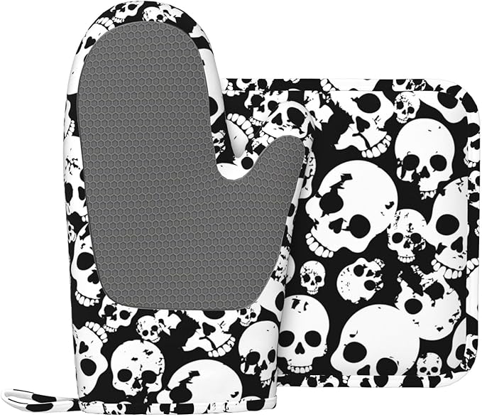 Skull Black and White Oven Mitts and Pot Holders Set of 2 Silicone Heat Resistant Oven Mitten Potholders Non Slip Gloves Kitchen Decor for BBQ Cooking Grilling Baking - sugar skull oven mitts