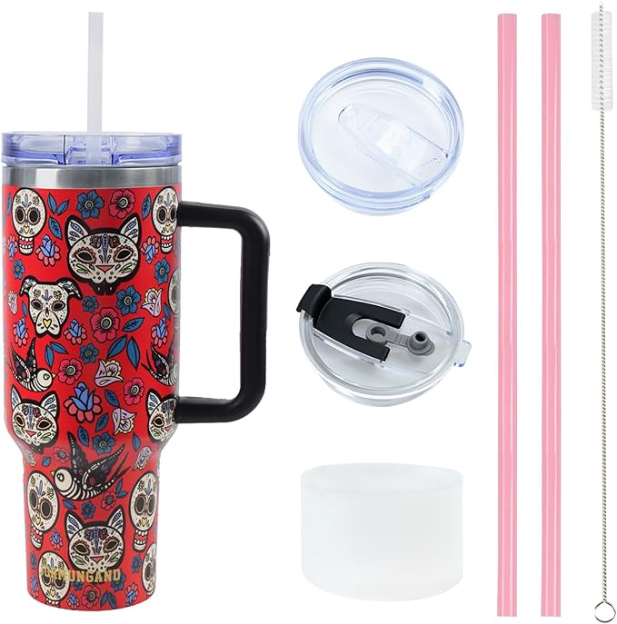 Jormungand 40 oz Tumbler with Handle and Straw Stainless Steel Vacuum Insulated Water Bottle for Hot or Cold Beverages Coffee Mug with Leak Proof Lid Gift for Women&Men Red Sugar Skull - sugar skull coasters set