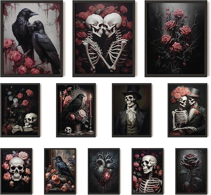 97 Decor Romantic Gothic Wall Art - Goth Wall Decor Aesthetic, Floral Gothic Decoration For Bedroom, Goth Wall Art Prints, Dark Raven Skull Poster, Moody Halloween Pictures for Home (8x10 Unframed) - sugar skull poster print