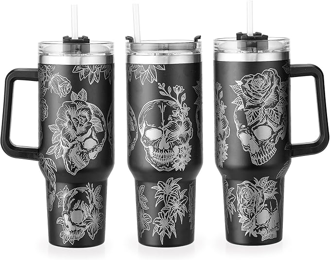 40oz Skull Flower Tumbler With Lid and Straw, 40oz Tumbler Wrap, Stainless Steel Insulated Tumbler for Water, Iced Tea or Coffee - Unique Gift - sugar skull tumbler with straw