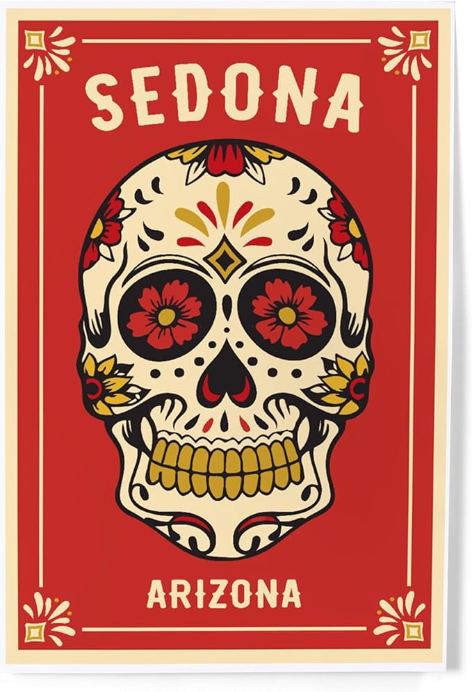 Lantern Press 8x12 Art Print, Sedona, Arizona, Day of the Dead, Sugar Skull and Flower - sugar skull poster print