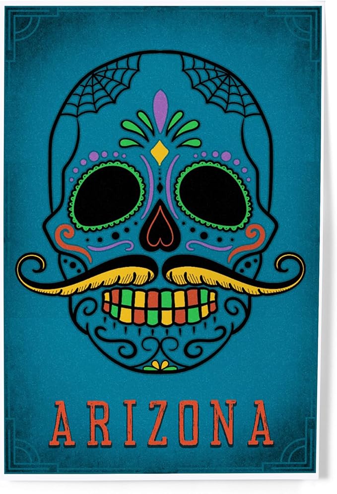 Lantern Press 8x12 Art Print, Arizona, Sugar Skull with Mustache, Teal - sugar skull poster print