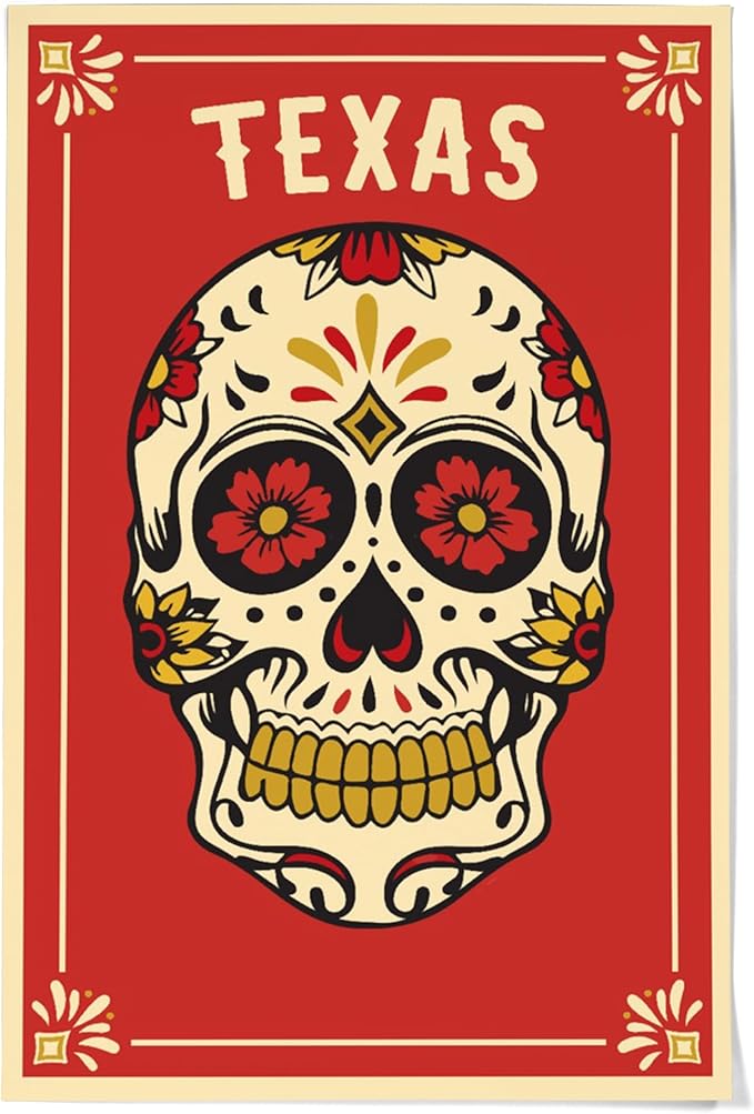 36x54 Inch Giclee Print, Texas, Day of the Dead, Sugar Skull and Flower Pattern, Red and Gold - sugar skull handbags for sale