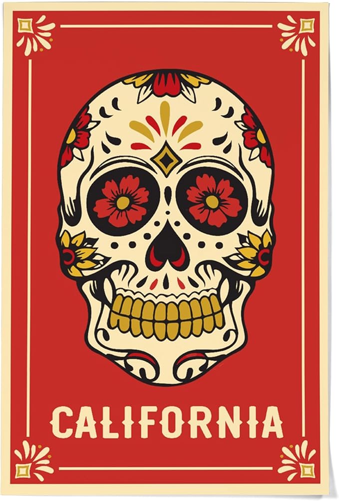 Lantern Press 36x54 Inch Giclee Print, California, Day of the Dead, Sugar Skull, Red - sugar skull handbags for sale