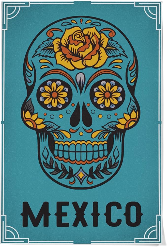 36x54 Inch Giclee Print, Mexico, Sugar Skull and Flower Pattern, Blue - sugar skull handbags for sale