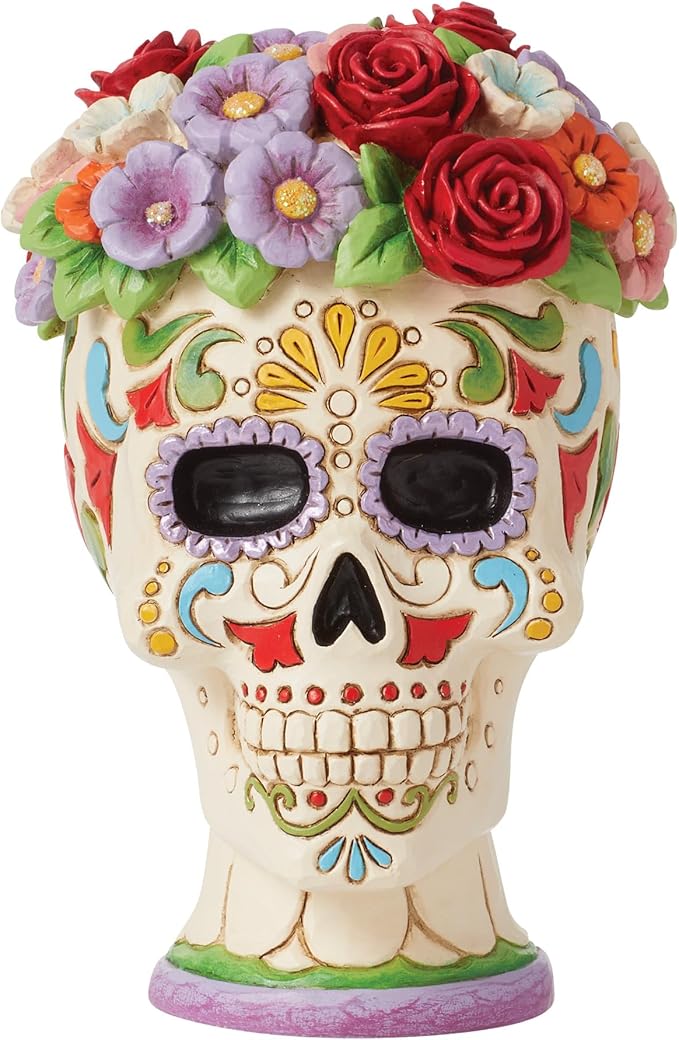 Enesco Jim Shore Heartwood Creek Halloween Day of Dead Sugar Skull Flower Halo Figurine- Dia de Los Muertos Statue Resin Hand Crafted Collectible Decorative Halloween Figurines Home Decor, 5 Inch - sugar skull figurine collectible
