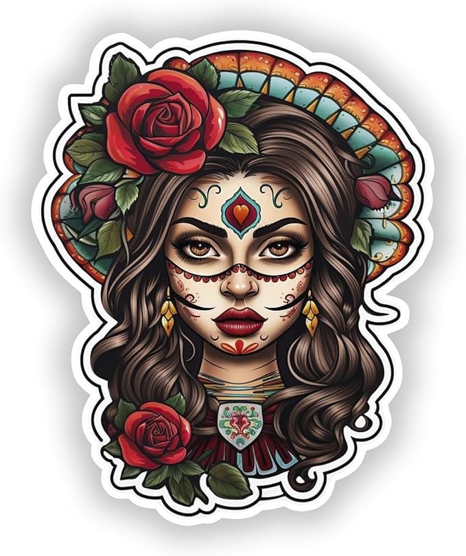Sticker Day of The Dead Sugar Skull Rose Patriotic Mexico Vinyl Decal Waterproof Weather Resistant Letters Estado Aguila Mexican Flag Design Perfect for Car Truck Bumper Laptop Tumbler (6 inch) - sugar skull tumbler with straw