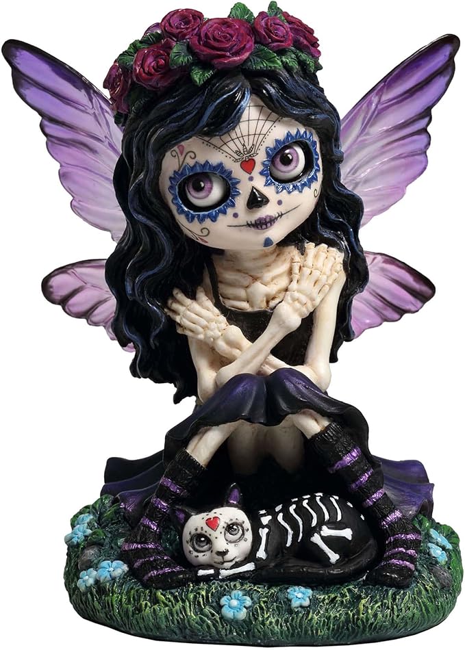 Veronese Design 4 3/4 Inch Day of The Dead Sugar Skull Butterfly Fairy Petting Cat Resin Hand Painted Figurine - sugar skull garden decor