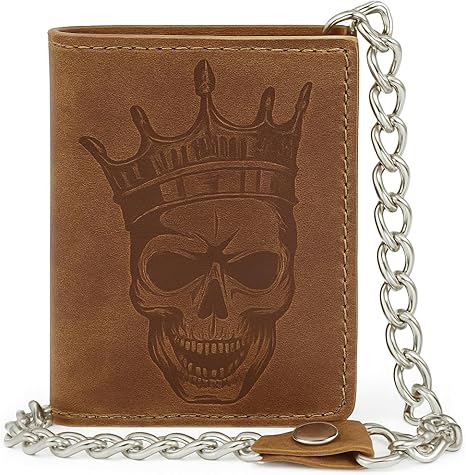 Leather Trifold Wallet - Vintage Skull Wallet For Men - Rugged Men's Purse w/Steel Chain - Durable Men's Wallets w/Snap Closure, Multiple Card Slots, ID Slot & Zipper Pocket (Tan) - sugar skull wallets for women