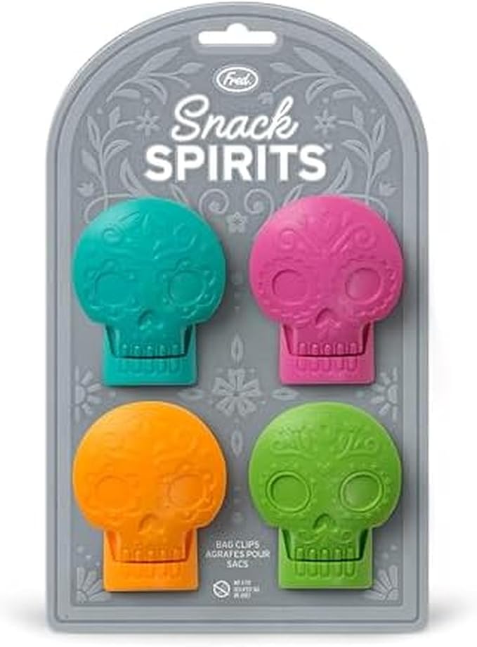 Genuine Fred SNACK SPIRITS Bag Clips, Set of 4, Molded Day of the Dead skull design, Dio de los Muertos, Colorful Calaveras, Bag Clips for food storage - sugar skull wallets for women
