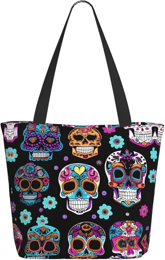 Sugar Skull Tote Bag with Zipper for Women Inside Mesh Pocket Heavy Duty Casual Anti-water Cloth Shoulder Handbag Outdoors, Black - sugar skull handbags for sale