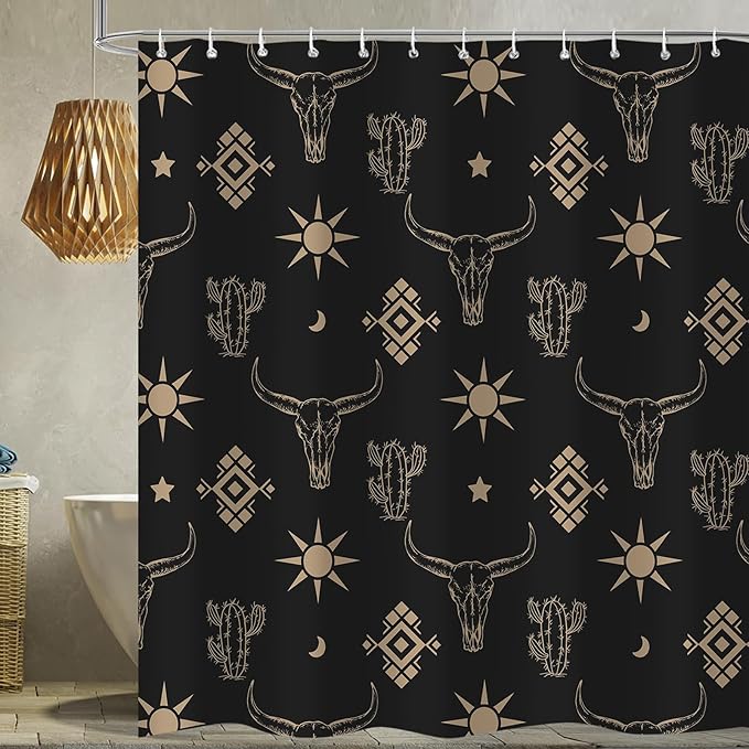 Western Cow Skull Shower Curtain, Black Gold West Boho Bohemian Cactus Shower Curtain fo Bathroom Set, Polyester Fabric Waterproof Bath Curtain - sugar skull shower curtain set