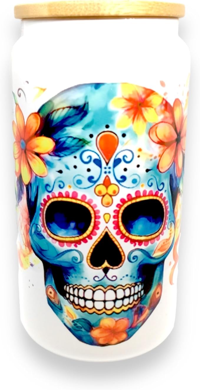 Libby 16oz Glass Jar with Sugar Skull Design - Hot & Cold Liquids - Comes with Bamboo Lid and Glass Straw - sugar skull tumbler with straw