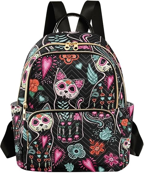 Small Backpack Purse Dead Cat Sugar Skull Quilted Backpack for Women Girls Teen Fashion Daypack Ladies Bookbag Work Travel Daily Rucksack - best sugar skull backpack