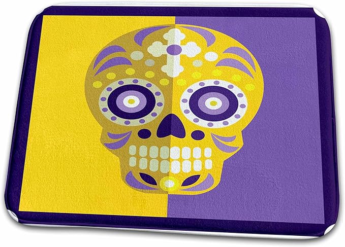 3dRose Bathroom Bath Rug Mat - Sugar Skull Light Gold and Purple with Cross Sugar Skulls - sugar skull toilet mat set