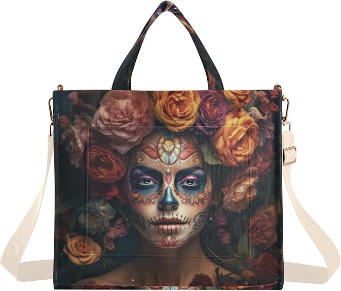 Portrait Woman Sugar Skull Corduroy Women Tote Bag, Handbag Purse with Detachable Strap Small Size - sugar skull handbags for sale