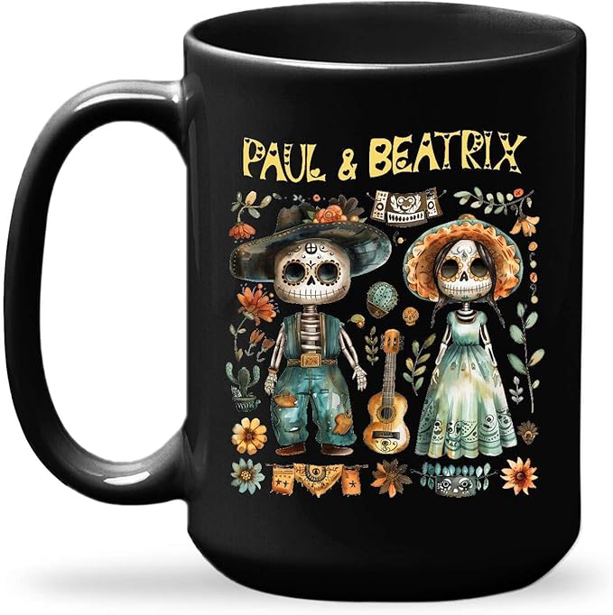 Customized Cute Sugar Skull Couple Design On Porcelain Tea Cups, Personalized Name Black Mug For Couples On Anniversary Day, Custom Coffee Cup With Novelty Design, Gift For Holiday - sugar skull coffee cup