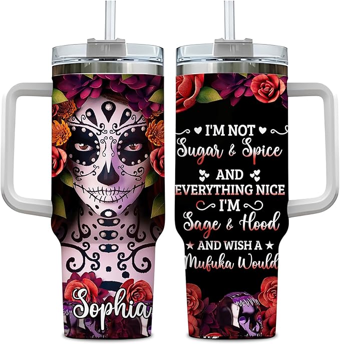 Hyturtle Personalized Gifts For Sugar Skull Lover Tumbler 40oz with Handle and Straw - Stainless Steel Travel Coffee Cup With Lid - Idea Gothic Gifts For Women, Girl On Birthday Christmas - sugar skull coffee cup