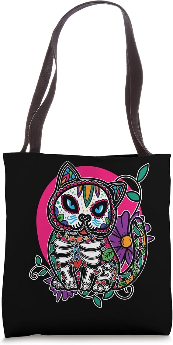 Sugar Skull Cat Mexican Dia De Los Muertos Tote Bag - sugar skull handbags for sale