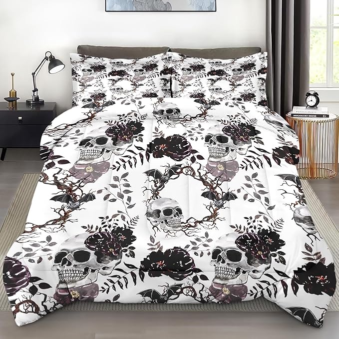 Comforter Set Queen Size, Vintage Sugar Soft 3 Pcs Bedding for Kids and Adults, Flower Dead Gothic Comforter Set with Pillowcase, for Bedroom Bed Decor - sugar skull bedding set