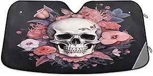 Rose Floral Sugar Skull Car Windshield Sunshade Blocks UV Ray Folding Sun Shield Automotive Interior Protector Keep Your Vehicle Cool 53x23.5 in - sugar skull car sunshade for windshield
