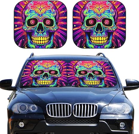 Delerain 2 Piece Car Windshield Sun Shade, Sugar Skull Foldable Car Front Window Sunshades Blocks UV Rays Sun Visor Protector Keeps Your Vehicle Cool Fit for Most Sedan SUV Truck, Medium - sugar skull car sunshade for windshield