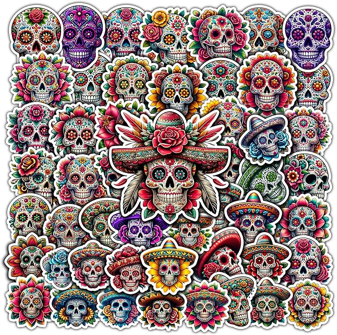 Pack 50 PCS Skull Stickers Halloween Sticker Decals Waterproof for Wall Laptop Bike Car Bumper Helmet Water Bottle - sugar skull vinyl sticker