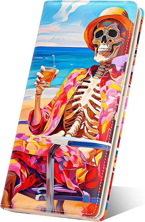 Womens Wallet, RFID Slim Wallets for Women, Thin Ladies Credit Card Holder Purse, Cute Leather Bifold Clutch Billfold with 11 Card Slots & ID Window, Beach Skull - sugar skull wallets for women