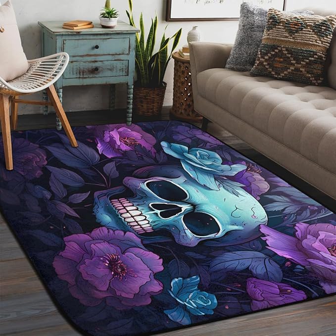 Area Rug Sugar Skull Floor Mat, Absorbent Entryway Doormats Non-Slip Washable Carpet 58x80in, Skull Floral Throw Rug for Living Room Bedroom Kitchen Bathroom Home Decor - sugar skull floor mat
