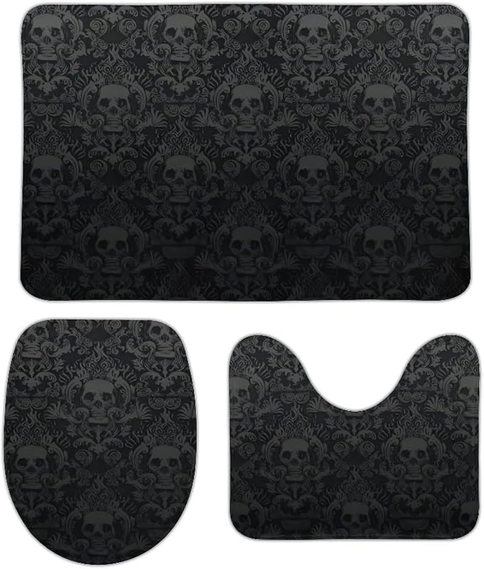 Goth Gothic Black Skull Damask 3-Piece Bathroom Rug Set Non-Slip Toilet Mat Absorbent Bath Rug Set Shower Mat Bathroom Special. - sugar skull toilet mat set