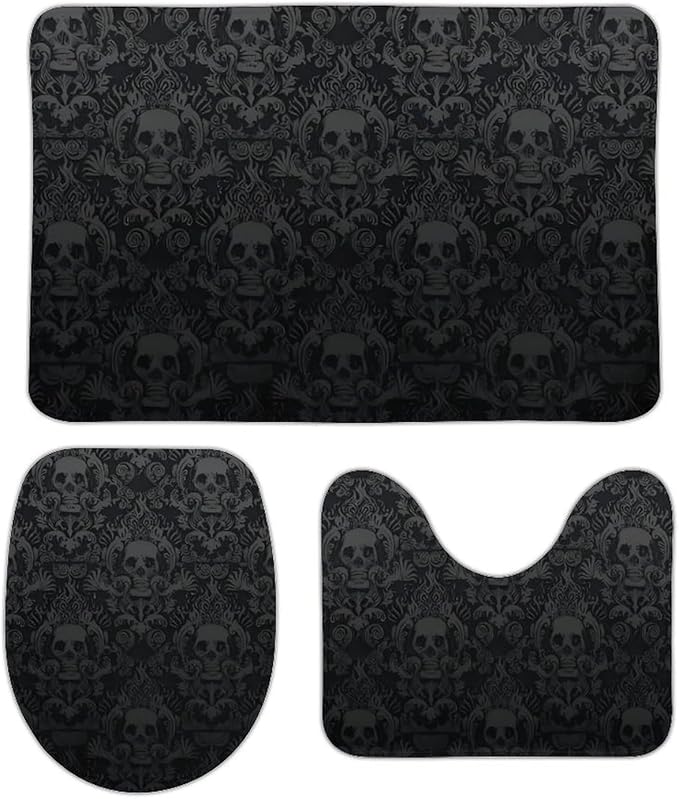 Goth Gothic Black Skull Damask 3-Piece Bathroom Rug Set Non-Slip Toilet Mat Absorbent Bath Rug Set Shower Mat Bathroom Special. - sugar skull toilet mat set
