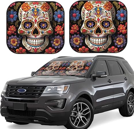 2 PCS Car Windshield Sun Shade Sugar Skulls Print Car Sun Shade Front Windshield Foldable Sunshade Windshield Cover Sun Visor Keep Your Vehicle Cool for Most Sedans SUV Truck - sugar skull car sunshade for windshield