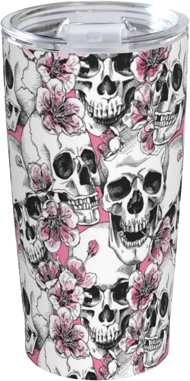 Sugar Skull Funny Stainless Steel Tumbler 20 Oz, Unique Blossoms Vacuum Insulated Travel Mug with Lid - Novelty Halloween, Birthday & Christmas Gift for Men, Women, Friend, Sister, Bestie - sugar skull tumbler with straw