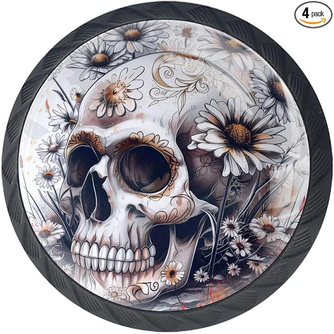4 Pack Black Cabinet Knobs, Sugar Skull Daisy Kitchen Cabinet Knobs Black Drawer Pulls Dresser Knobs,Glass Knobs for Kitchen Cabinet Hardware Bathroom - sugar skull wine glass