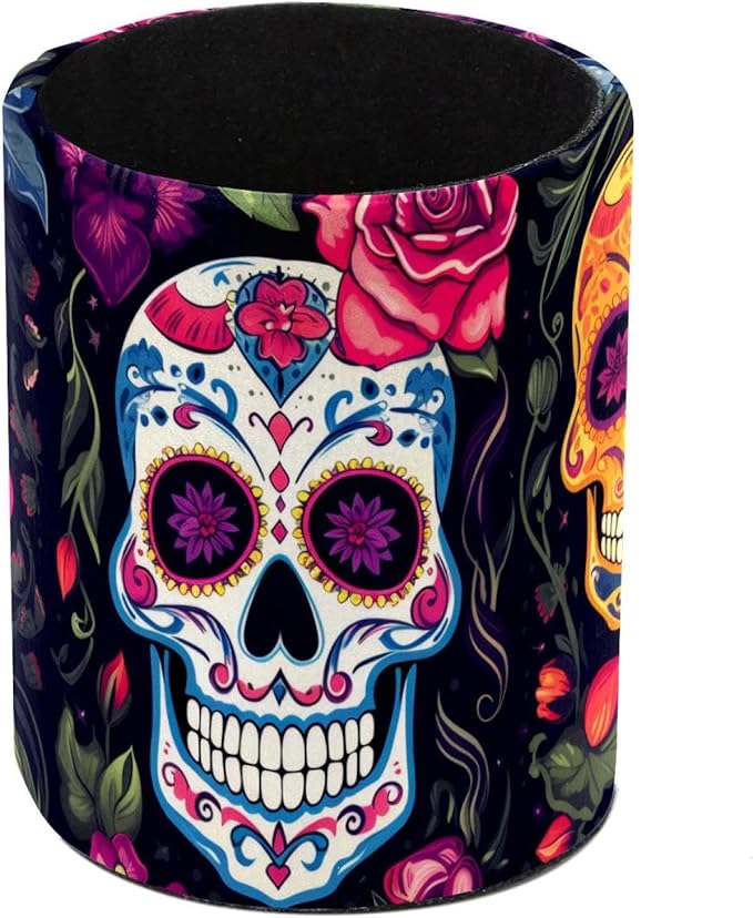 Pencil Holder for Desk, Sugar Skull Flowers Pen Cup Makeup Brush Holder, Leather Desktop Organizer Storage Case Stationery for School Home Office Supplies - sugar skull coffee cup