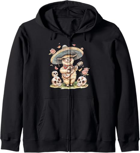 Mariachi Llama Mexican Fiesta Guitarist Art - sugar skull zip up hoodie mens