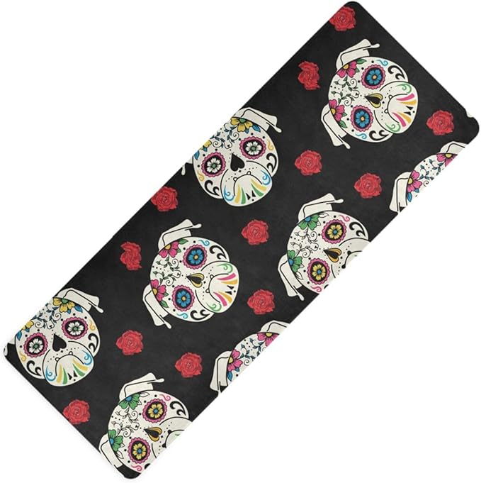 Pug-sugar-skull-pattern Non Slip Yoga Mat Fitness Exercise Mat with Carrying Bag,Workout Mat for Yoga Pilates Fitness Floor Exercises 71"" L x 26"" W x 1mm - sugar skull yoga mat