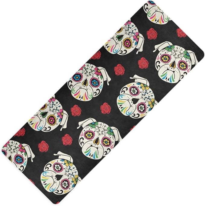 Pug-sugar-skull-pattern Yoga Mat Non Slip Fitness Workout Mat with Carrying Bag for Women Men, Fitness Exercise Mat for Yoga Pilates and Fitness 71" L x 26" W x 1mm - sugar skull yoga mat