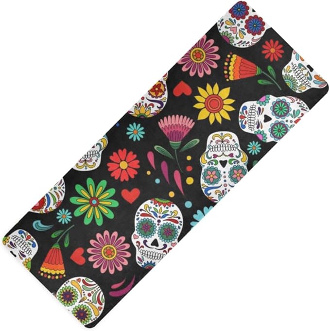 Sugar Skull Pattern Yoga Mat Non Slip Fitness Workout Mat with Carrying Bag for Women Men, Fitness Exercise Mat for Yoga Pilates and Fitness 71" L x 26" W x 1mm - sugar skull yoga mat