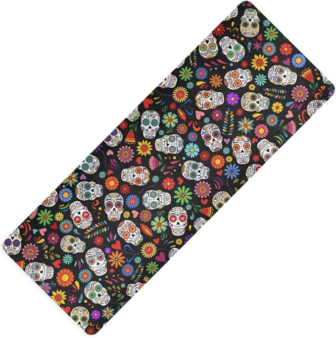Sugar Skull Pattern Yoga Mat Non Slip Fitness Workout Mat with Carrying Bag for Women Men, Fitness Exercise Mat for Yoga Pilates and Fitness 71" L x 26" W x 1mm - sugar skull yoga mat