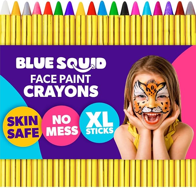 Blue Squid Face Paint Crayons for Kids - 18pcs XL Non-Toxic, Washable Body Paint Crayons - Our Face Painting Kit Makeup Sticks are Easy to Use, Safe for Sensitive Skin and Perfect for a Kids Party - sugar skull makeup kit