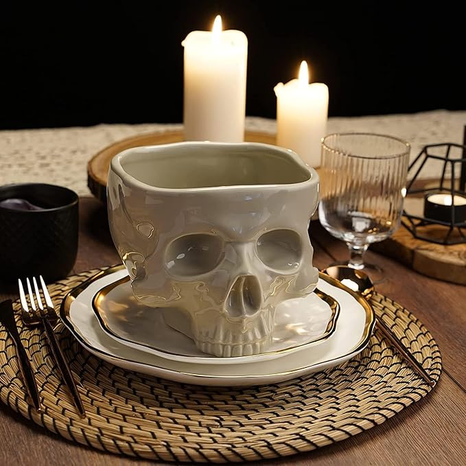 Food Safe Skull Bowl for Eating, Ceramic Skull Shaped Bowl for Cereal Pasta & Ice Cream, Gothic Tabletop Skeleton Head Shaped Decor (big) - sugar skull plates set