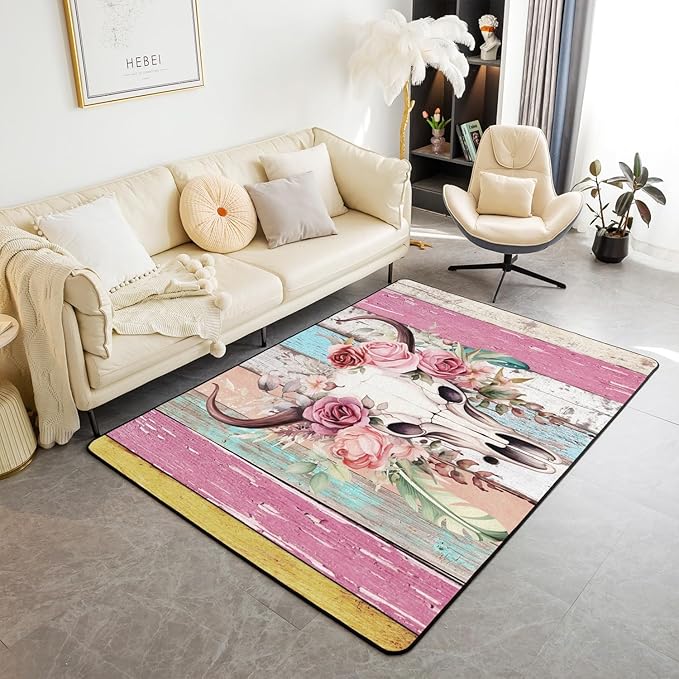 Erosebridal Bull Skull Area Rug 5x7,Girly Pink Rose Flowers Rug,Sugar Skull Carpet Non Slip,Animals Skeleton Floral Area Rugs,Rustic Farmhouse Wooden Board Decorative Rug for Living Room Bedroom - sugar skull area rug