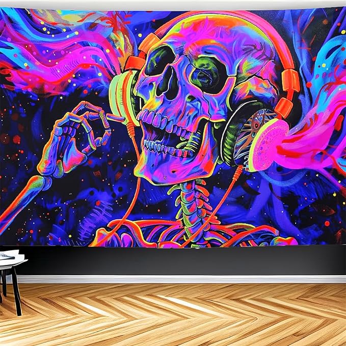 CJSLIFEART Blacklight Skull Tapestry Headphones Music Poster Tapestry Wall Decoration Wall Hanging(40x60inch) - sugar skull poster print