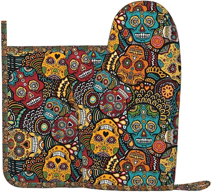 Wurton Sugar and Skulls Style Print Kitchen Essentials Oven Mitts Holders Sets Heat-Resistant Cooking Gloves Hot Pads - sugar skull oven mitts