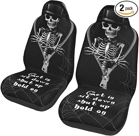 Skull Car Seat Covers 2pcs/Set Skull Print Front Seat Covers Funny Skeleton Breathable Stretchy Driver Seat Covers Universal Fashion Bucket Seats Protector Fit for Car SUV Truck - sugar skull car seat covers set