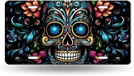 Sugar Skull Floral Print on Grey Style,License Plate Cover,Decorative Metal Car Front License Plate with 4 Holes,6x12inch - sugar skull plates set
