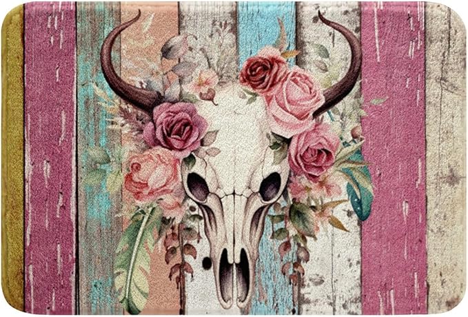Erosebridal Bull Skull Bathroom Rugs 20"X 32",Girly Pink Rose Flowers Doormats Floor Mats,Sugar Skull Entryway Rug,Animals Skeleton Floral Floor Rug Carpets,Rustic Farmhouse Wooden Board Bath Mat - sugar skull area rug