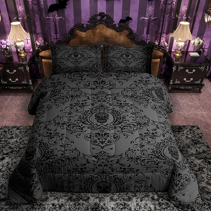 Feelyou Adults Black Vintage Damask Floral Comforter Set Oriental Antique Comforter Queen Size Gothic Bohemia Boho Bedding Set Exotic Sugar Skull Duvet Set Quilt Set 3Pcs - sugar skull throw blanket